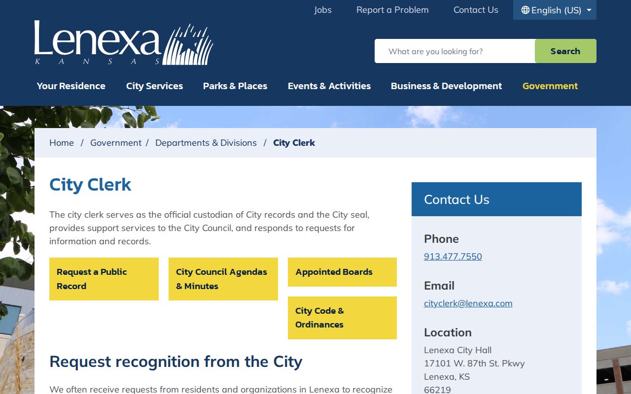 Lenexa residents directory City Clerk records custodian