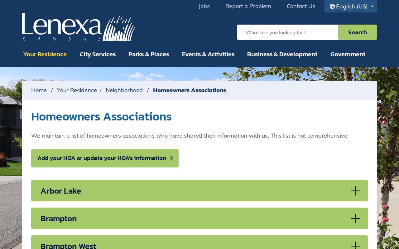 City of Lenexa homeowners association inventory for neighborhood contacts