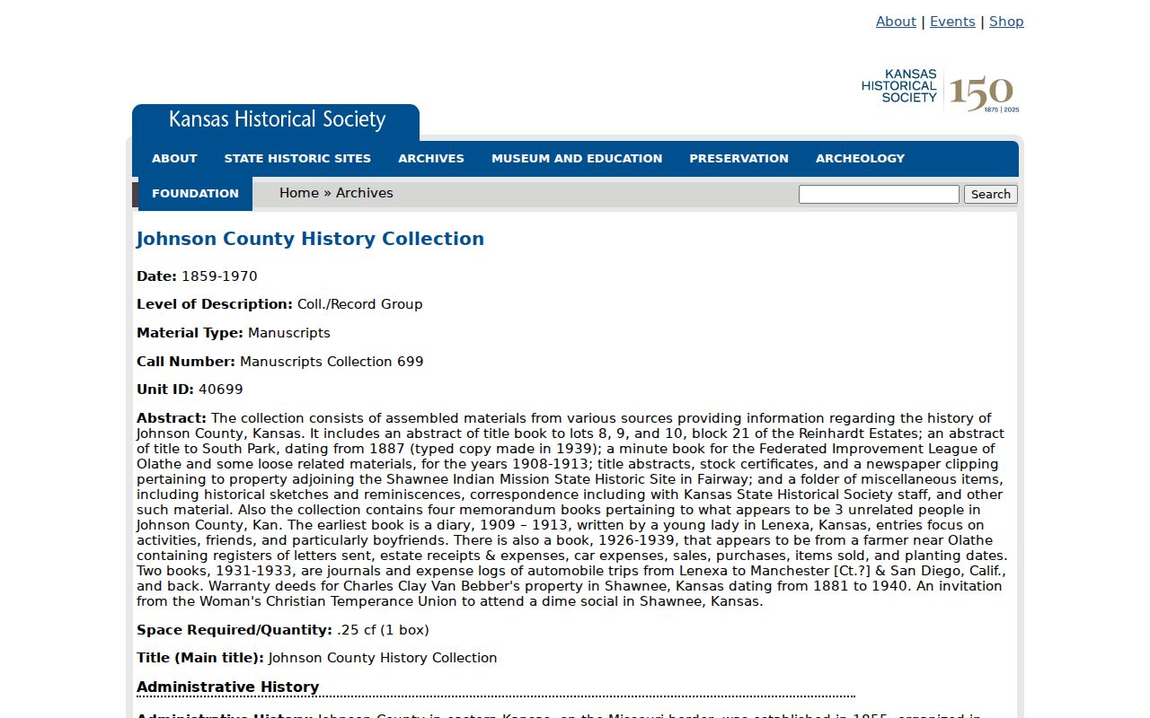 Kansas Historical Society Johnson County holdings related to Lenexa residents