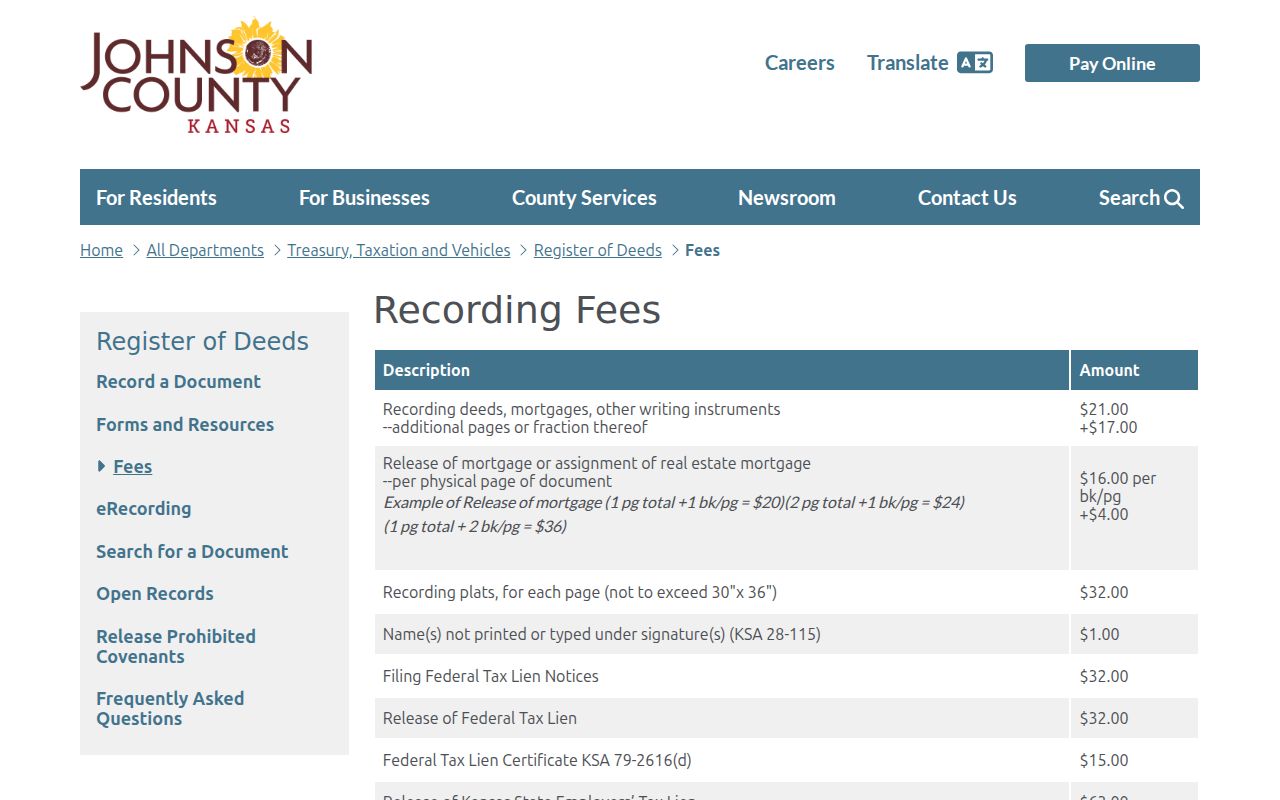 Johnson County recorded document fee schedule and fields