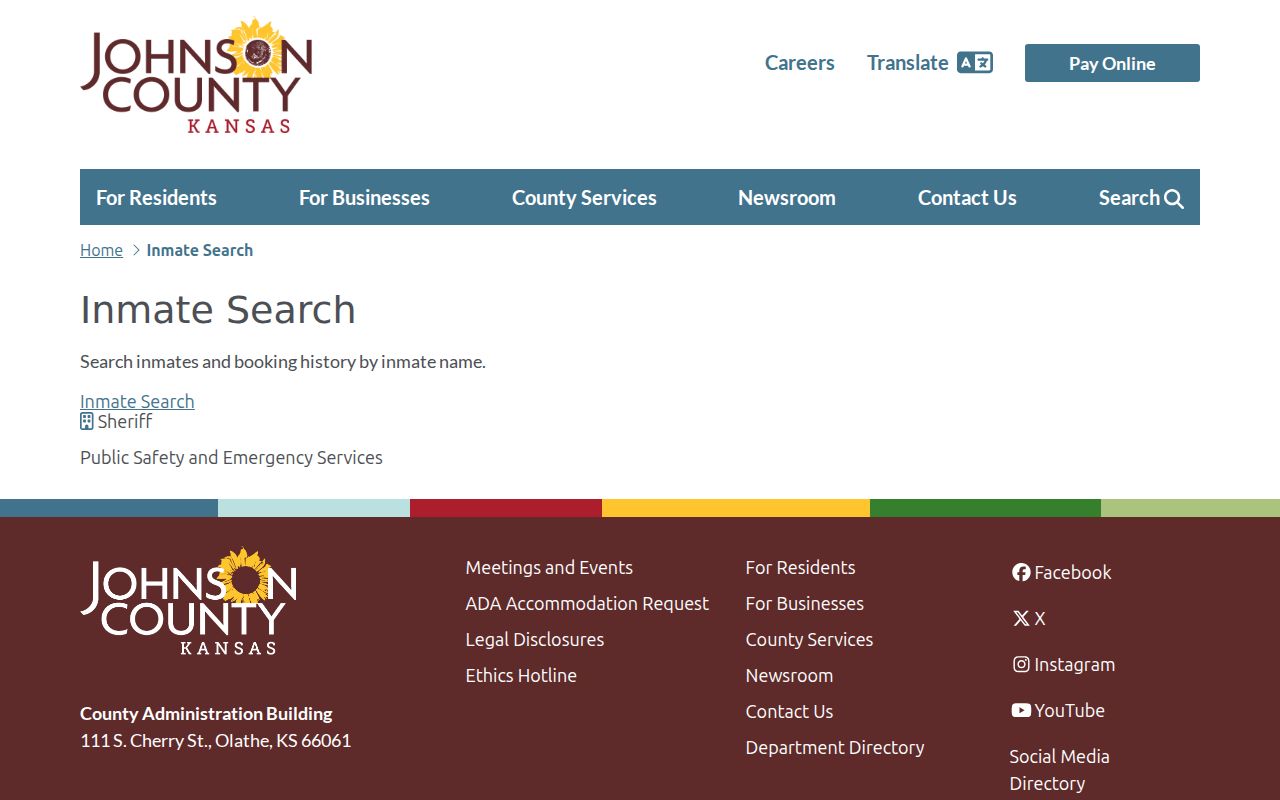 Johnson County inmate search page for a Lenexa resident lookup