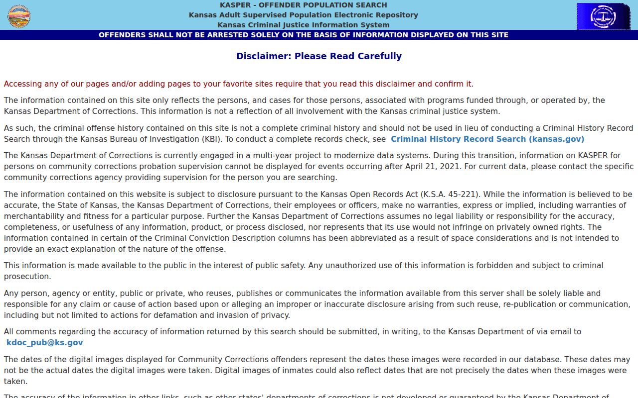 Kansas KASPER search disclaimer used in Lenexa resident verification