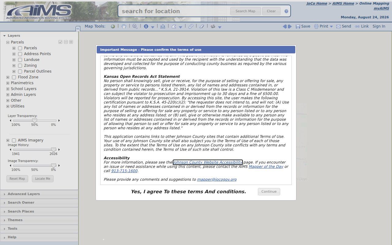 Johnson County AIMS map with Lenexa ZIP Code search